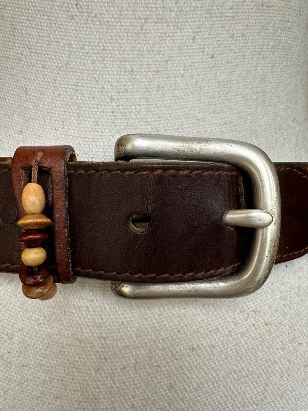 Vintage Solid Brass Buckle Men's Brown Leather Belt with Wooden Beads 32 in